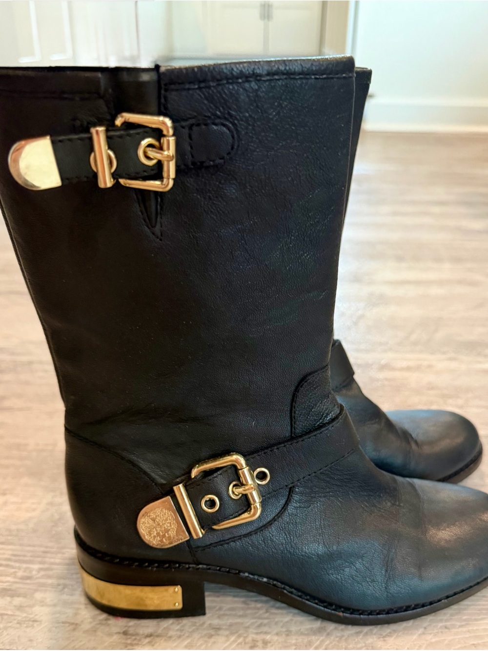 Black Leather Mid-Calf Buckle Boots - Women's